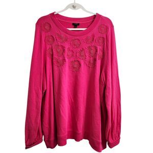 Talbots Plus Sweater 2X Vivid Pink Embroidered Pullover Cotton Longsleeve Casual